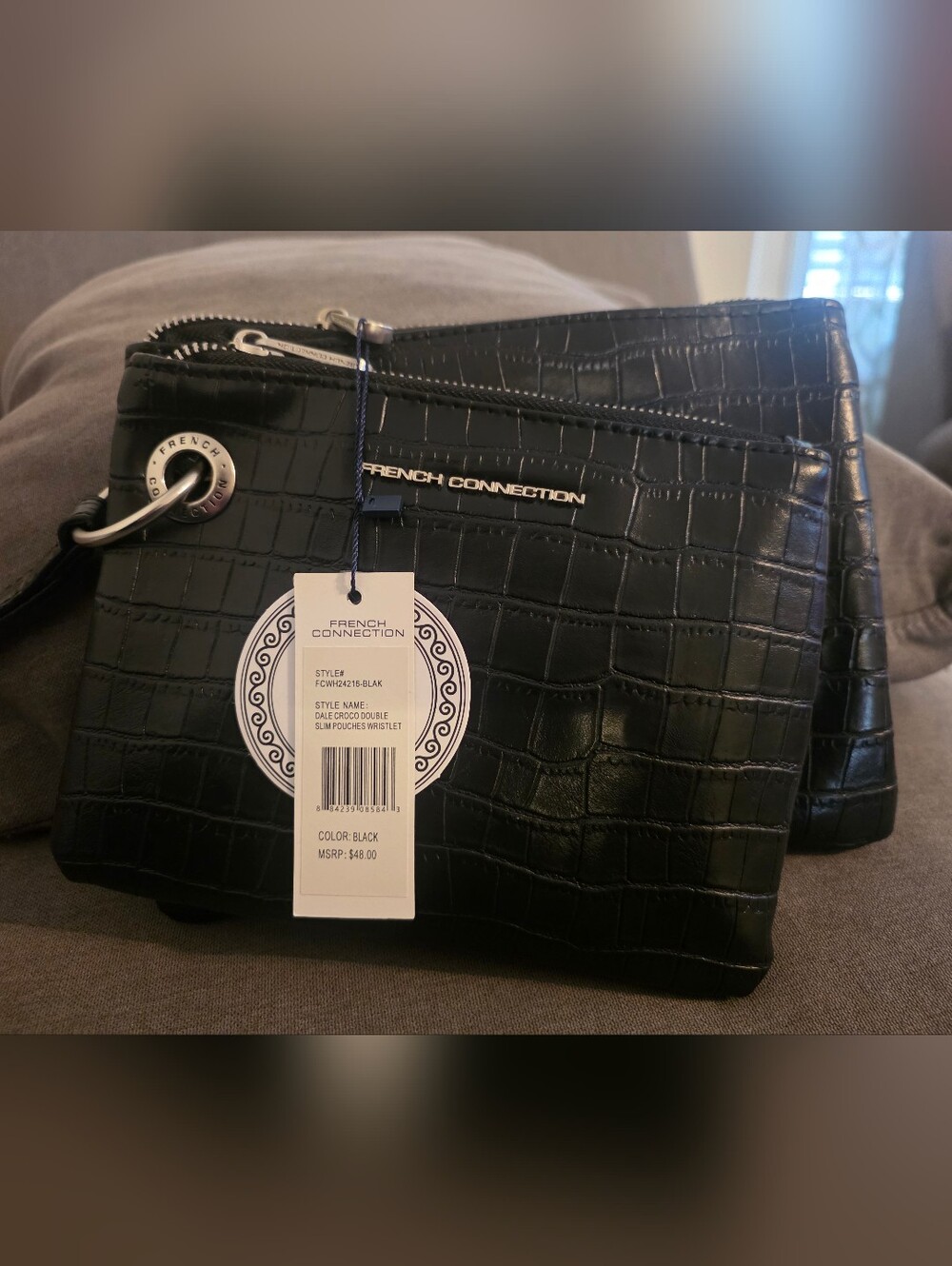 French Connection Black Croc Double Slim Pouches Wristlet